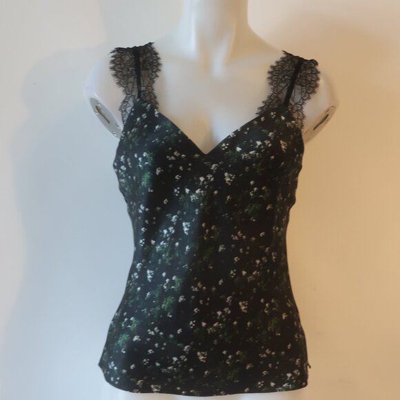 Womens Cami NYC 100% Silk Black, Blue Floral V-Neck Tank W/Lace Straps M* - Picture 2 of 6